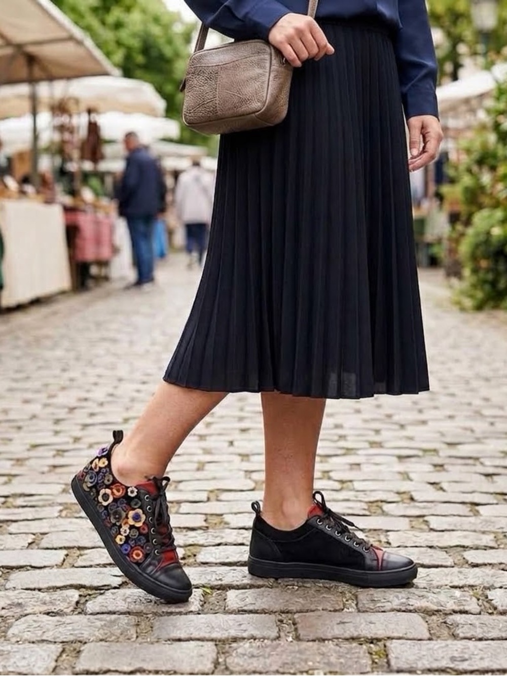 Sheridan Mia Light Black Red Floral Applique Lace Up Leather Women’s Sneakers